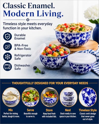 Golden Rabbit Enamelware Nested Mixing Bowls with Lids, Set of 3, Cobalt Swirl - color: Cobalt Swirl