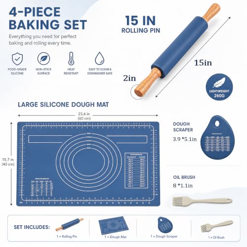 4Pcs Silicone Rolling Pin Set, 15Inch Blue Nonstick Pastry Roller - color: Navy Blue 4 Set