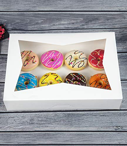 ONE MORE 14 x10 x 3inch White Lock Corner Window Bakery Cookie Boxes, Large Paperboard Container with PVC Windows for Pie, Pack of 12