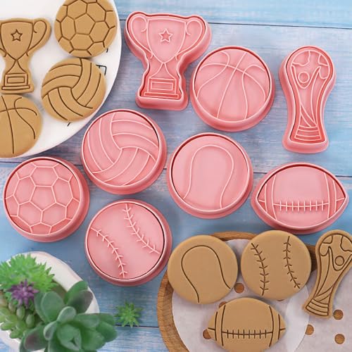 8 Pcs Sports Ball Cookie Cutters with Plunger Set 3D Soccer Cookie Stamps - color: Ball Cookie Cookie