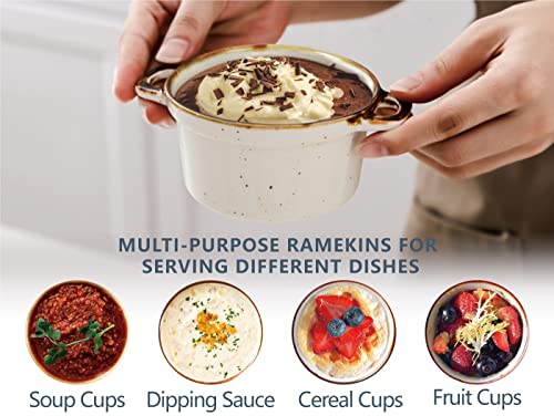 ONEMORE Mini Cocotte Set of 4, 6 oz Ceramic Ramekins with Lids and Handles, Small Casserole Dishes for Oven, Mini Dutch Oven for French Onion Soup, Souffle and Baking, Microwave & Dishwasher Safe, Creamy White - size: 6 oz