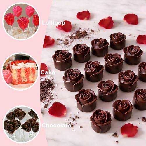 6-Cavity 3D Rose Lollipop Silicone Molds with Sticks Pink Chocolate Candy Molds for Valentine's Day Mother's Day Cupcake Decor Jelly Soap Making