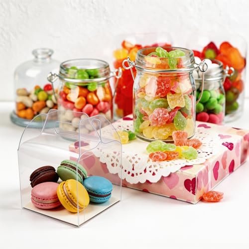 24 Pack Clear Boxes for Treats,4inch Macaron Containers with Handle, Clear Candy Carrier (24,only box) - color: Clear(only box)