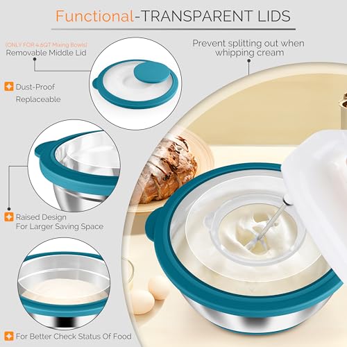 HaWare Mixing Bowls, 24-Piece Stainless Steel Salad Serving Bowl with Airtight Clear Lids, Metal Nesting Bowl For Kitchen Cooking Prepping Storing with 3 Graters, 4.6/2.6/1.5/1/0.7 QT, Teal Blue - color: Teal Blue