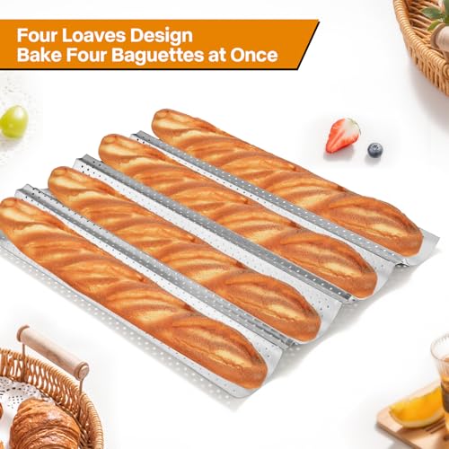 15 Inch Baguette Bread Pan Kit, 4-Slot Nonstick French Baking Tray - color: Silver