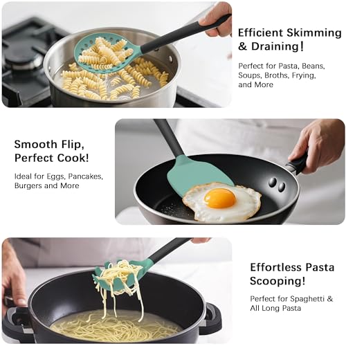 Coukre Silicone Kitchen Cooking Utensils Set, Heat Resistant, 14-Piece - color: AquaGreen