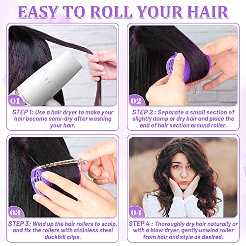 Acejoz Hair Rollers, 12Pcs Large Self-Grip Hair Curlers with 12Pcs Stainless Steel Duckbill Clips, for Long Medium Thick Hair Volume (Purple) - color: Purple