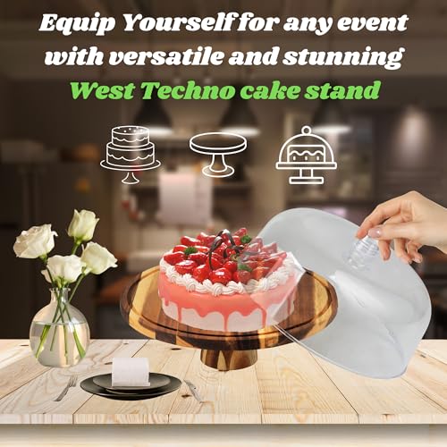 Acacia Wood Cake Stand with Acrylic Lid – 12” Round Wooden Cake Holder, 2-in-1 Serving Tray & Charcuterie Board for Cheese, Dessert, Fruit, Snacks & Party Display