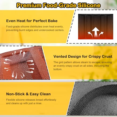 Silicone Perforated Baking Forms, 8-Loaf Baguette Bread Pan & French Bread Baking Pan, Reusable Perforated Baking Mat & Silicone Molds for Baking (29.92x16.14inch, Black) - size: 8-Loaf