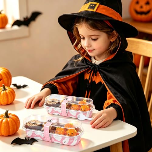 FYSUIMU 100 Pcs Halloween Mini Loaf Pans with Lids and Forks Pink Ghost Mini Cake Pans 6.8 Oz Rectangular Aluminum Foil Baking Container Muffin Cupcake Cups for Trick or Treat Party Picnic Supplies - color: Pink Ghost
