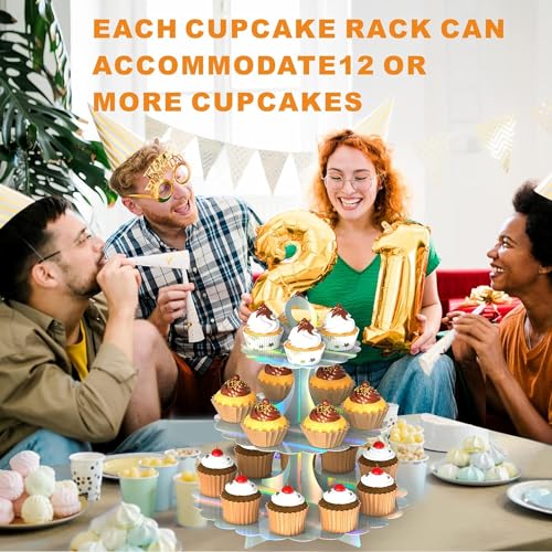 3-Tier Cupcake Stand Tower, Rainbow Silver Cardboard Cake Holder for Birthday Wedding Party Displays, Laser Silver Design - Space-Saving Dessert Table Decor (1 Pack) ﻿ - color: Rainbow Silver 1 Pack