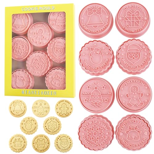 Christmas Round Cookie Stamp 8Pcs Snowflake Reindeer Embossing Baking Molds - color: Xmas E