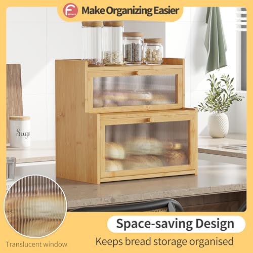 Double Layer Bamboo Bread Box for Kitchen Counter,Bread Holder,Countertop Bread Storage with Window (Natural) - color: Natural