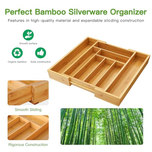 Pipishell Expandable Bamboo Silverware Organizer, Large Kitchen Drawer Tray - color: Natural, size: Large