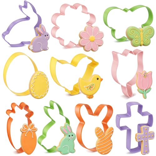 Yaocom 10 Pcs Multicolor Easter Cookie Cutter Set Large Bunny Cookie Cutter with Chick Carrot Egg Rabbit Holy Cross Daisy butterfly Shapes with Storage Box for Easter Spring Holiday Baking Gift - style: Easter Style