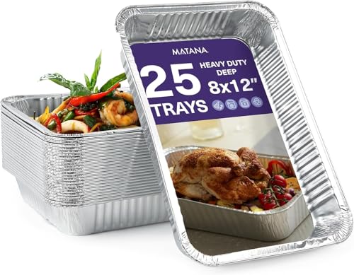 MATANA 25 Pack 8x12 Foil Aluminum Pans Disposable Trays - Ideal for Roasting, Baking, Lasagna, Cakes, Tarts, Bread, Crawfish, Chafer, Party - style: 8x12 (25 Pans)