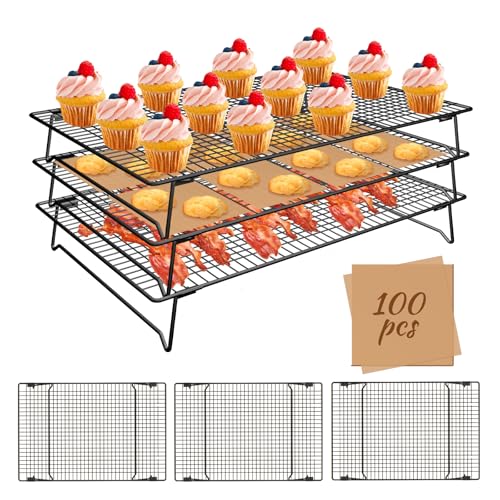 3-Tier Baking Cooling Racks, 17"x11" Stacking Cookie Racks, Collapsible - size: Large