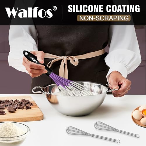 Walfos Whisk, Silicone Whisks Set of 5, Mini Stainless Steel Whisk 7+5in & Non Scratch Coated 7+9+11in Whisks, Suitable for Blending, Whisking, Beating, Frothing & Stirring. (Purple) - color: 5pcs Purple + Stainless Steel;7+9+11in & 5+7in