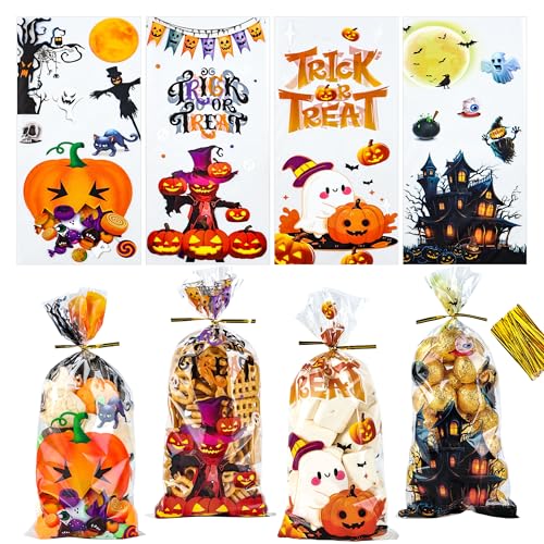 NPLUX Halloween Cellophane Treat Bags, 100 Pack, 4 Designs, 4.8 x 10.6 in - color: Halloween Designs-4.8×10.6 Inch-100