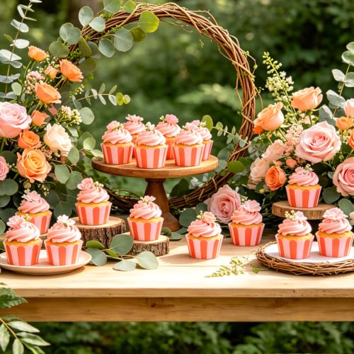 Whaline 36Pcs Pink Orange Cupcake Wrappers Stripe Scalloped Cupcake Liners Summer Decorative Baking Cups for Birthday Baby Shower Wedding Party Supplies