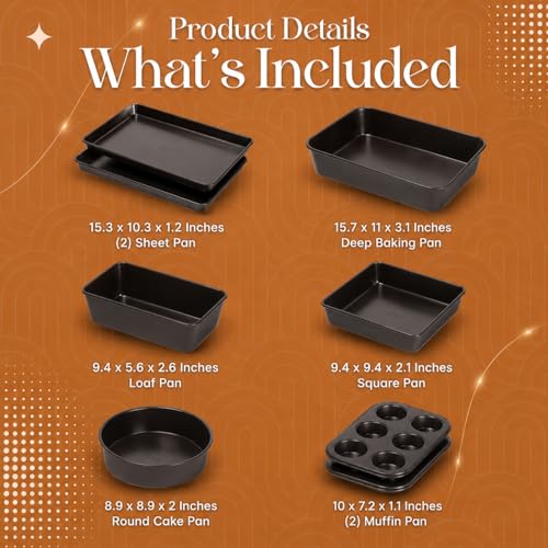 Nonstick Bakeware Set 8 Piece - Stackable Baking Pan Set, Oven safe 450°F, Carbon Steel Baking Set with Muffin, Loaf, Cookie Sheets & Roaster, Easy Storage, BPA-Free (Dark Brown) - color: Dark Brown