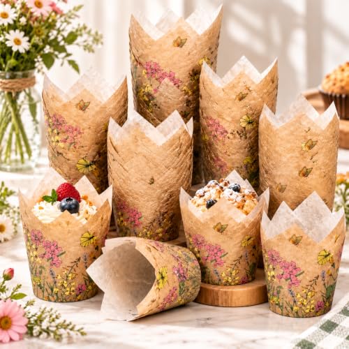 Whaline 100Pcs Wildflower Tulip Cupcake Liner, Colorful Floral Muffin Liner