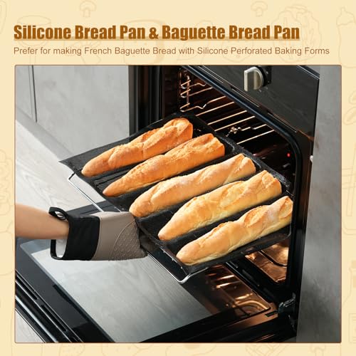 KitchenRaku KR Upgraded Silicone Perforated Baking Forms 13.4"x18.5", Sandwich Mold, French Baguette Bread Pan, Food Mat, 5 Loaf Non-Stick Baking Liners - size: 1 PCS, 5 Loaf_13.4x18.5 inch