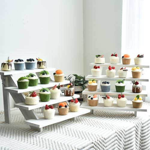 SwallowLiving 2pcs Wooden Rustic Cupcake Stand for 24 Cupcakes, Stepped Wood Display Stand for Weddings, Tiered Party Table Display Riser for Food , Dessert, Cookie, Decor, Craft Show, White - color: 2PCS | White | 4-tier