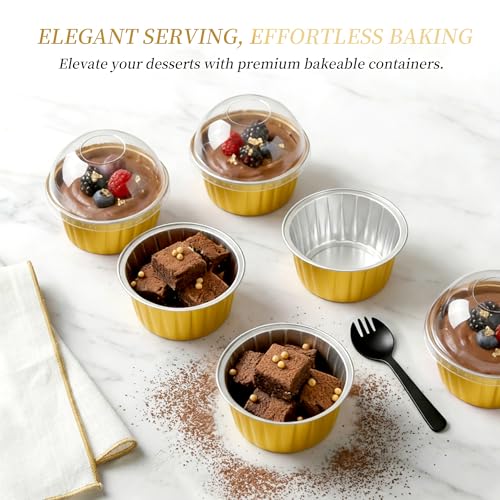 100-Pack 5 oz Gold Mini Cake Pans with Lids, Disposable Aluminum Foil Baking Cups, Muffin Tins, Ramekins for Cupcakes, Brownies, Flan, Pudding - for Wedding, Anniversary, Birthday Parties - color: Gold