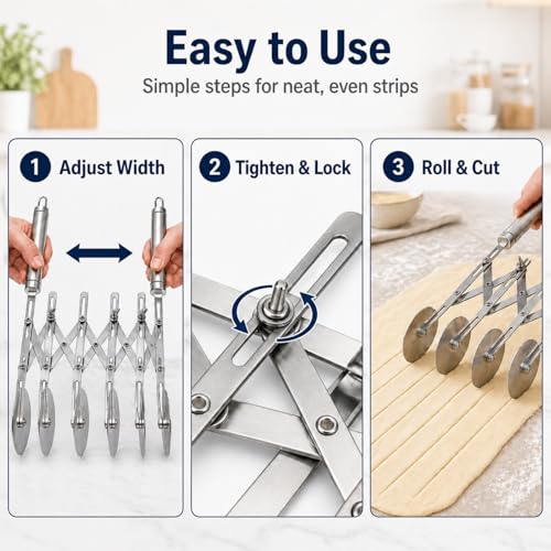 Wheel Adjustable Pasta Cutter with Handle - Stainless Steel Multi-Tool for Baking Pastry, Pizza, Noodles & Pie Crust (7 Roller) - color: 7 Roller