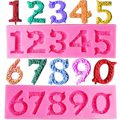 Number Molds, AIMEIKI 2 Pack 3D Silicone Number 0-9 Embossed Fondant Chocolate Baking Molds for Decorating Birthday Cake Candy Chocolate DIY Craft Projects - color: Number Molds