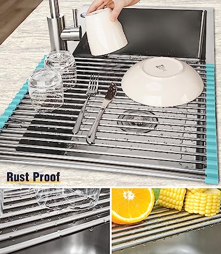 Tomorotec Roll Up Dish Drying Rack Over Sink, 304 Steel, 21x15.5, Green - color: Green, size: 21 x 15.5 in