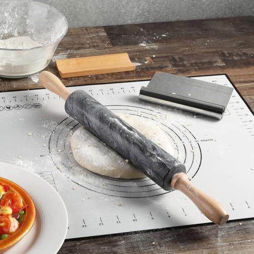 African Natural Marble Rolling Pin, Non-Stick Polished Dough Roller, Pasta, Dumpling, Fondant, Pie Crust, Bread, Pizza Dough, Kitchen Baking Pastry Tools with Mat/Scraper(Monte Grigio) - color: Grey Marble with Pastry Mat