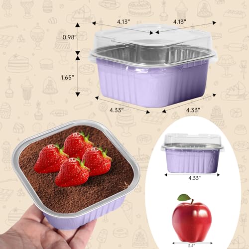 50 Pcs Mini Square Baking Cups with Lids,10oz Aluminum Foil Mini Cake Pans with Lids,Disposable Ramekins Cake Pans,300ml Dessert Cups Cupcake Pans for Wedding Birthday Party,Purple - color: Purple, size: 10oz
