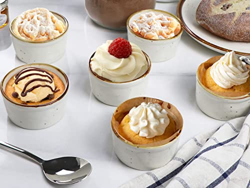 ONEMORE Ramekins 4 oz, Oven Safe Creme Brulee Ramekin Set of 6 for Baking, Speckled Ceramic Souffle Dishes with Brown Rim for Pudding Ice Cream, Porcelain Custard Cups Mini Bowls - Creamy White - size: 4 oz