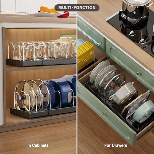 Magheo Expandable Food Storage Container Lid Organizers, 22" Pots and Pans Organizer Under Cabinet with 9 Adjustable Dividers Pot and Pan Lid Holders Rack Inside Cabinet(Black,1 Pack) - color: Black, size: (1 Pack)22.4"D x 7.9"W x 6.3"H