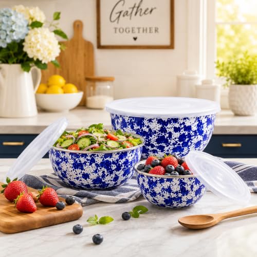 Golden Rabbit Enamelware Nested Mixing Bowls with Lids, Set of 3, Cobalt Swirl - color: Cobalt Swirl