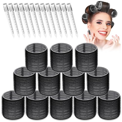 Large Hair Rollers Set - 24 Pieces with 12 Jumbo Rollers and 12 Clips for Long Thick Hair Volume (Black) - color: Black