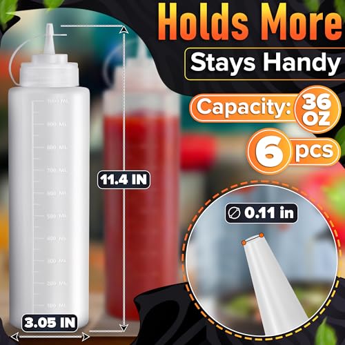 6 Pack 36 oz Plastic Condiment Squeeze Bottles for Sauces, Syrup Bottles