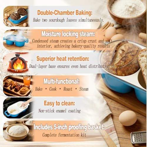 DIY Double Dutch Oven for Sourdough Bread Baking – Enamel Cast Iron Bread Baker with Lid, Bake Two Different Loaves at Once, 500°F Oven Safe - color: Sapphire Blue