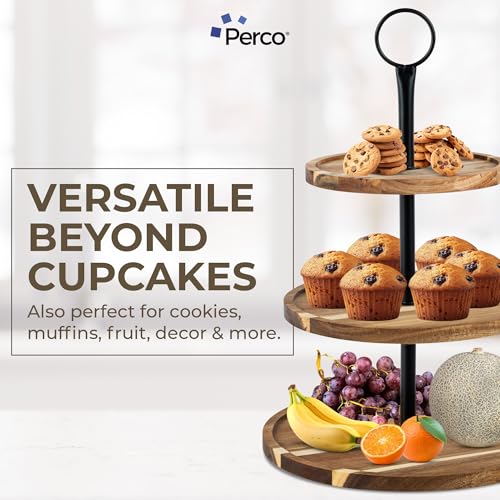 Perco Cupcake Stand, 3 Tier Wooden Tiered Display Stand for 20 Cupcakes – Wood Dessert Table Display Set, Tiered Serving Tray for Weddings, Birthdays, Baby Showers & Events - color: Acacia Wood