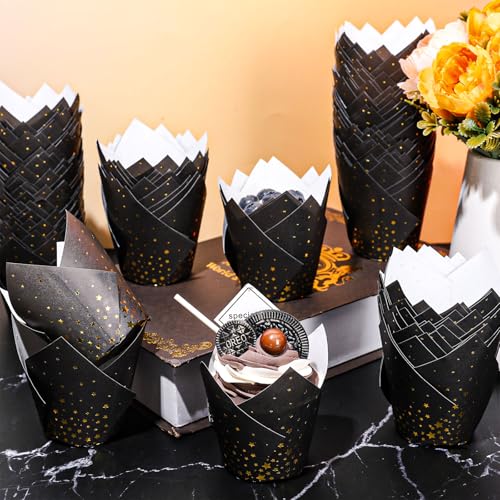 FYSUIMU 200Pcs Graduation Black Gold Star Tulip Cupcake Liners Foil Gold Star Muffin Baking Cups Cupcake Wrappers for Congrats Grad Holiday Birthday Party Supplies