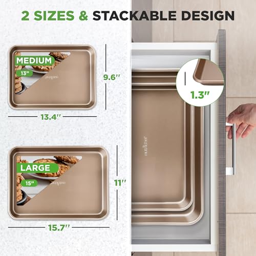 NutriChef 2-Piece Nonstick Stackable Cookie Sheet Set – Non-Toxic Carbon Steel Baking Pans – Heavy Duty, Warp-Resistant, Easy to Clean, Oven & Dishwasher Safe Bakeware - color: Champagne Gold