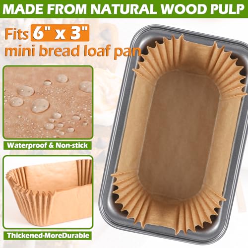 Webake 100Pcs Unbleached Parchment Paper Mini Loaf Pan Liners for 6x3 Small Banana Bread Pan, Ready-to-Use, Non Toxic Baking Papers - color: Brown 6 x 3
