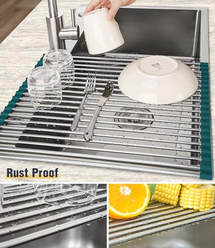 Tomorotec Roll Up Dish Drying Rack Over Sink,304 Steel,17.7x15.5,DarkGreen - color: Dark Green, size: 17.7 x 15.5 in