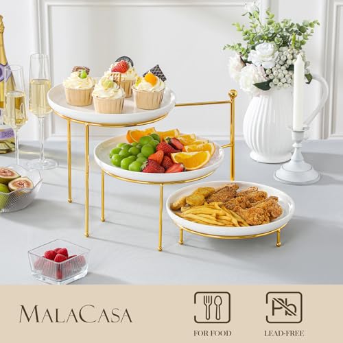 MALACASA Round 3 Tier Serving Tray, 10.25" White Porcelain Dessert Stand - color: White Gold