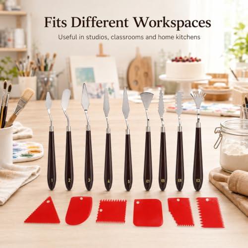 15 Pcs Painting Palette Knife Set, 9 Pcs Professional Stainless Steel Palette Knives with 6 Plastic Scrapers, Art Paint Tools for Oil, Acrylic, Watercolor Painting and Cake Decorating