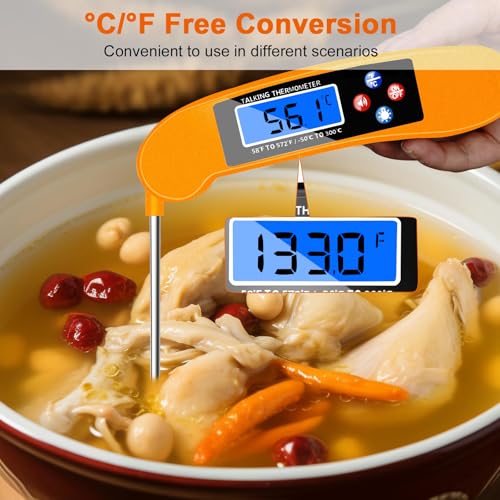 Digital Talking Thermometer for The Blind, Orange Waterproof Instant Read Food Thermometer with Talking Function and Backlight, Meat Thermometer with Probe for Cooking and Grilling, and More - color: Orange