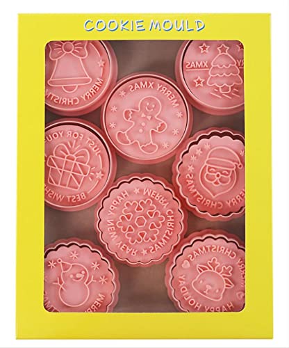 8 Pieces Round Christmas Cookie Cutter Cookie Moulds For Baking Cookie Mould Press Christmas Cookie Mould Set Kitchen Tools Plastic Cookie Stamps (Christmas B)