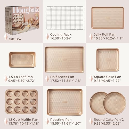 HONGBAKE 9-Piece Baking Pans Set Nonstick, Stackable Non Toxic Bakeware Sets with Diamond Texture, Oven Pan Set for Cooking, Includes Cookie Sheet with Rack, Cake Pan, Roasting Pan, Muffin Tin, Gold - color: Champagne Gold